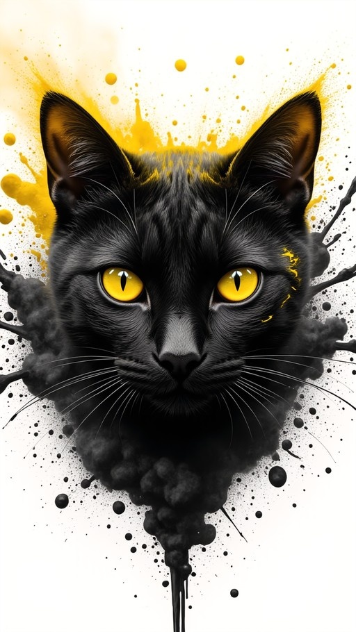 A detailed digital painting of a black cat's face with intense yellow eyes and vertical pupils, surrounded by artistic splashes of yellow paint and dark ink on a white background.
