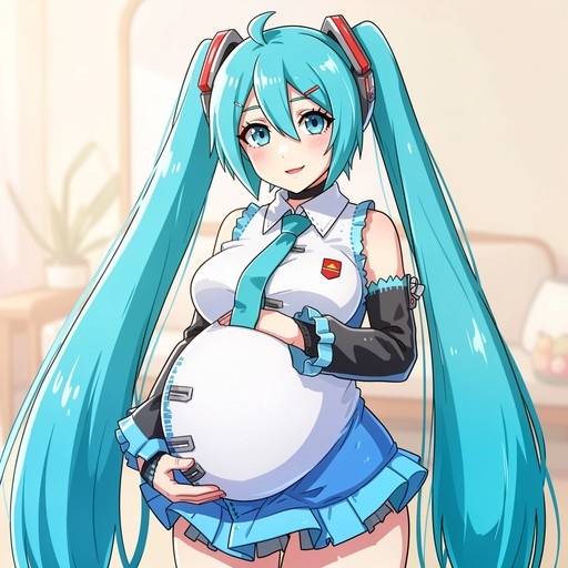 Hatsune Miku with long teal pigtails smiling and holding her large pregnant belly while wearing a white shirt and blue tie.