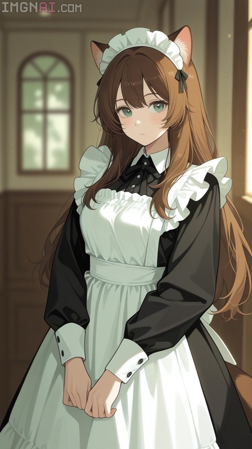 An anime-style cat girl maid with long brown hair and green eyes wearing a black dress with white frills and an apron.