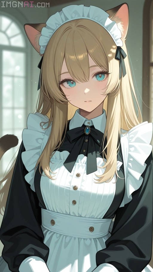 Blonde anime cat girl in a black and white maid uniform with blue eyes looking at the viewer.