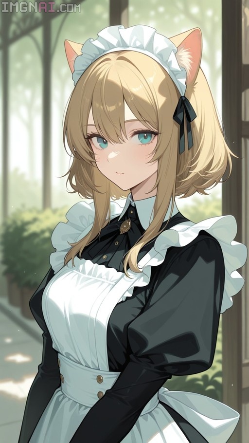Blonde anime-style cat-girl maid in a black dress and white apron standing outdoors with greenery in the background.