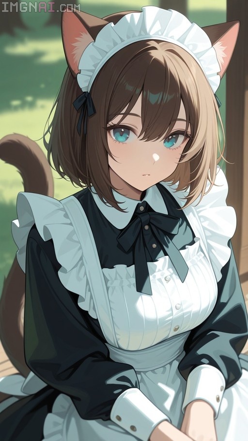 Anime illustration of a brown-haired cat girl maid with blue eyes sitting on a porch