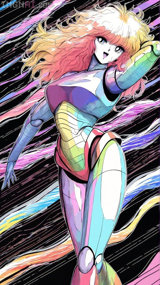 A female android with long rainbow-colored hair and a segmented multi-colored suit stands against a black background with streaks of color.