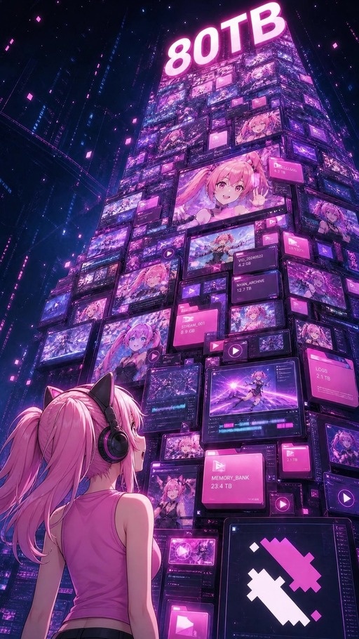 A pink-haired anime girl with cat ears and headphones looks up at a tall building covered in screens showing her image, with an 80TB sign on top.