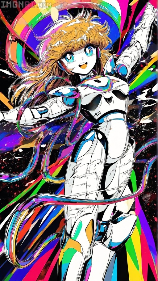 A happy blonde android girl with blue eyes dances in a white robotic suit with visible joints, surrounded by flowing rainbow ribbons against a black background in an 1980s anime style.