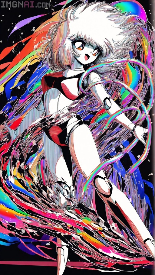 A white-haired female android with mechanical joints dances amidst a swirling rainbow and black background in a high-contrast 1980s manga style.