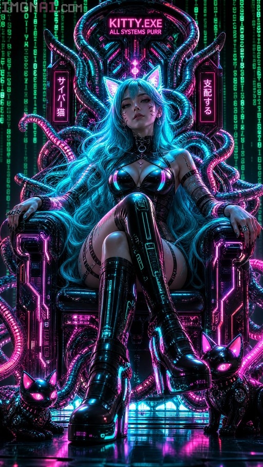 Blue-haired cat girl in black latex sitting on a sci-fi throne with glowing tubes and two robotic cats.