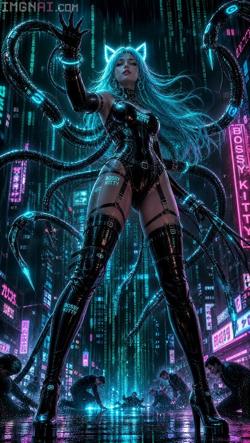 A blue-haired cyberpunk cat-girl with mechanical tentacles stands in a rainy neon city while men kneel at her feet.
