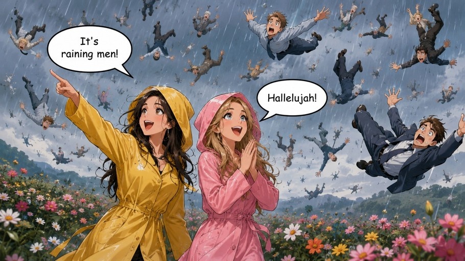 Anime-style illustration of two girls in yellow and pink raincoats standing in a flower field, pointing up at a sky filled with falling businessmen while speech bubbles read "It's raining men!" and "Hallelujah!"