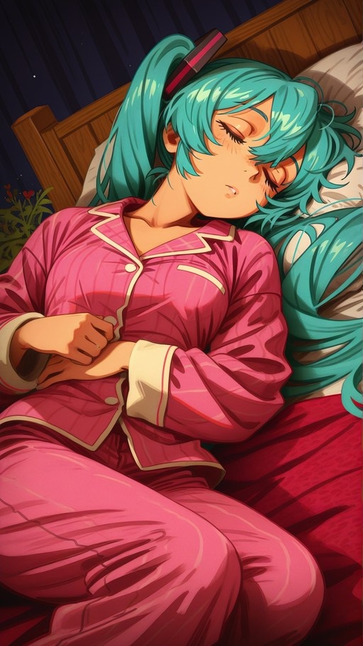 Digital illustration of Hatsune Miku with long teal twin-tails sleeping on a pillow while wearing pink pajamas.