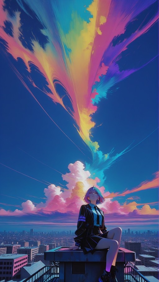 An anime-style girl with short multi-colored hair sits on a rooftop ledge overlooking a city, beneath a dramatic sky filled with swirling pink, yellow, and blue clouds.