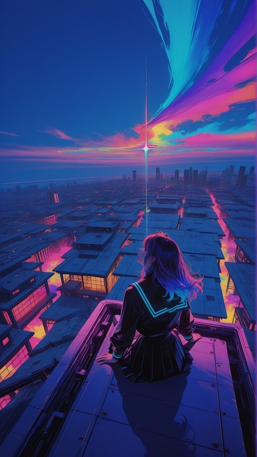 A girl in a dark sailor uniform sits on a rooftop ledge looking up at a vibrant pink and blue sky with a vertical streak of light over a city skyline.