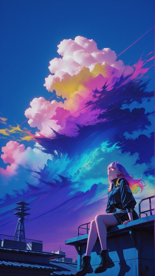 Anime girl with multicolored hair sitting on a rooftop ledge looking up at a large, colorful cloud formation in a blue sky.