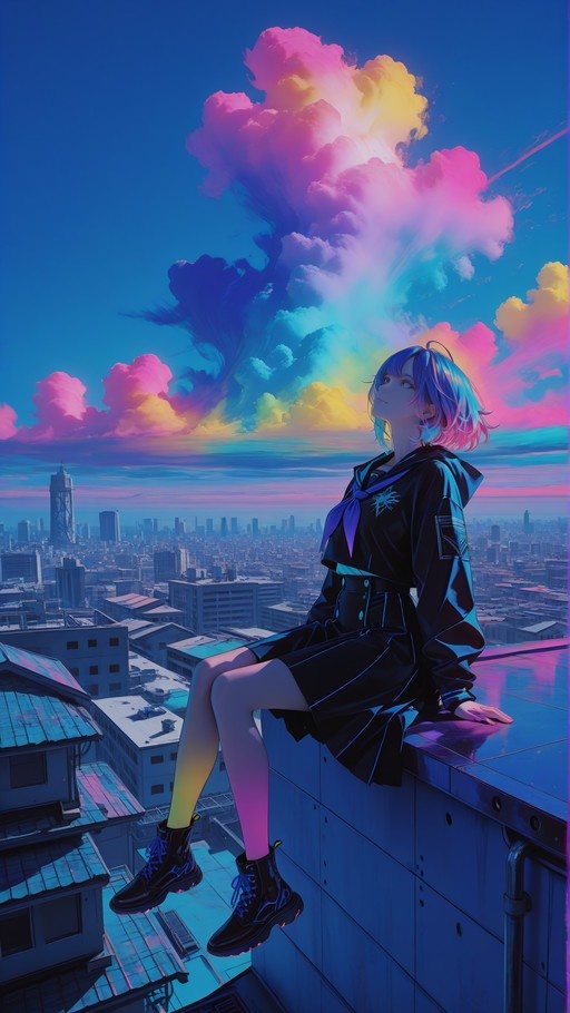 Anime girl with short blue hair in a black sailor uniform sits on a rooftop ledge, looking up at vibrant pink and yellow clouds above a city skyline.