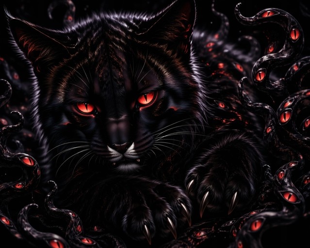 A close-up of a black cat with glowing red slit pupils and sharp claws, surrounded by dark tentacles with smaller red eyes.