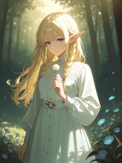A digital illustration of a blonde elf girl with twin braids and blue eyes holding a dandelion in a sunlit forest filled with blue flowers.