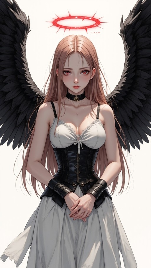 Anime-style female character with long brown hair and red eyes, featuring large black feathered wings and a glowing red halo while wearing a white dress and black corset.