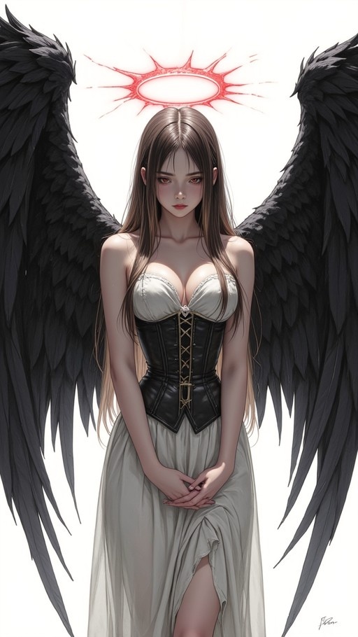 A digital illustration of a female fallen angel with large black wings and a glowing red halo. She has long brown hair, red eyes, and wears a white dress with a black corset top against a white background.