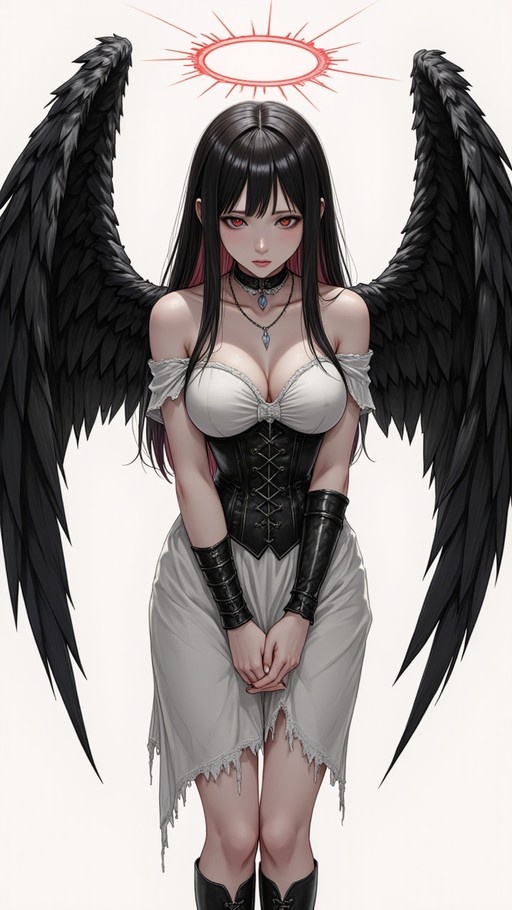 Anime-style fallen angel standing with large black wings spread, wearing a tattered white off-shoulder dress and black corset under a red halo.