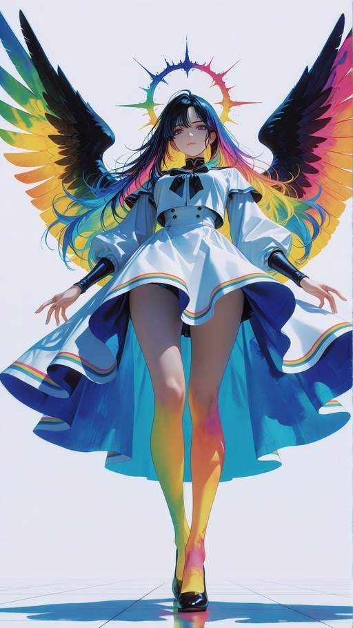 Full-body digital illustration of an anime girl with long black and rainbow hair, large dark wings with yellow and blue gradients, a spiky multicolored halo, wearing a white dress with puffy sleeves and a flaring blue skirt over rainbow gradient tights.