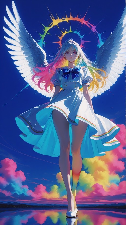 A full-body digital illustration of an anime-style angel girl with long, multicolored hair and large white wings, wearing a white sailor dress with rainbow trim, standing on a reflective surface against a vibrant blue sky with pink and yellow clouds.