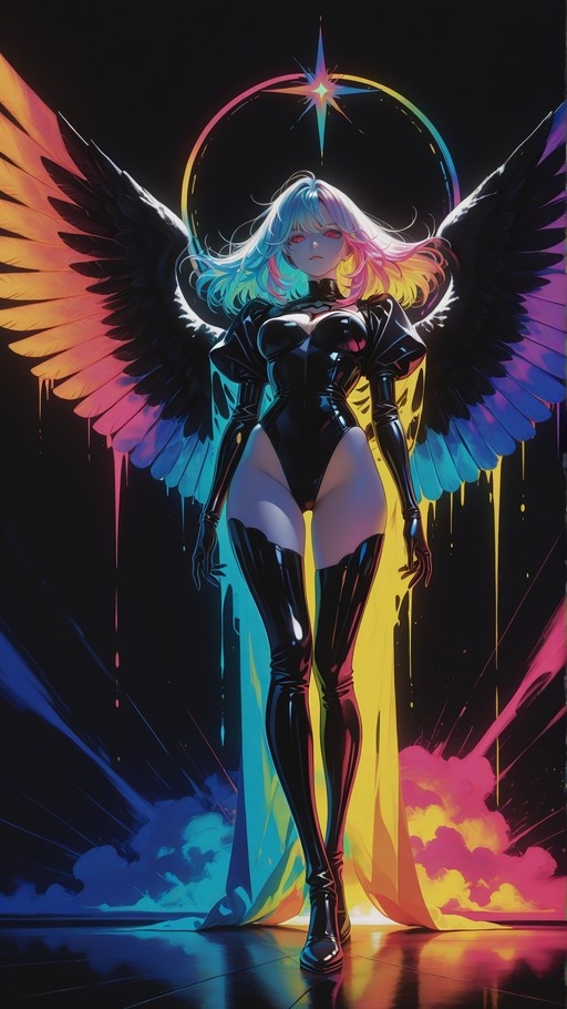 A full-body illustration of an anime-style woman with long blue and pink hair, large black wings, and a shiny black leotard standing before a rainbow halo.