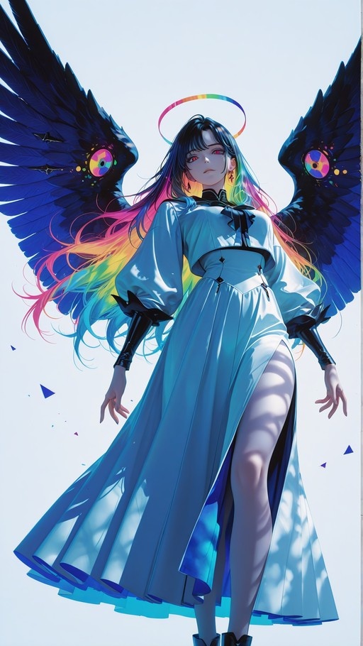 Anime-style girl with long rainbow hair and large dark wings wearing a light blue dress.