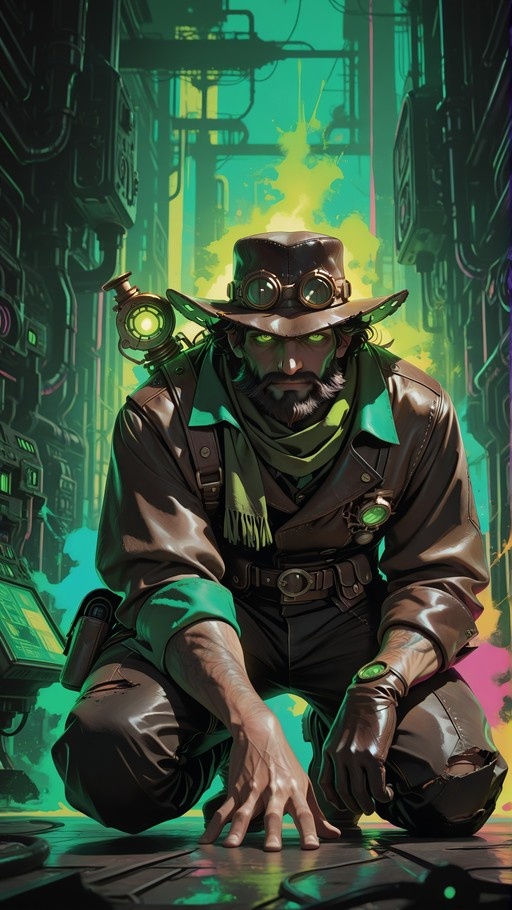 A bearded man with glowing green eyes and a brown hat with goggles kneels in a green-lit industrial alley.