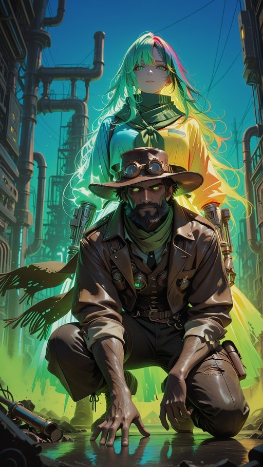 A bearded man in a brown hat crouches before a woman with multi-colored hair and robotic arms in an industrial setting.