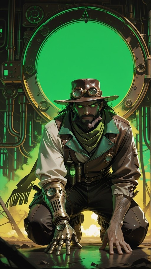 A dark-skinned bearded man with glowing green eyes and a mechanical right arm kneels in front of a large circular window emitting bright green light, wearing a hat with goggles and a scarf.
