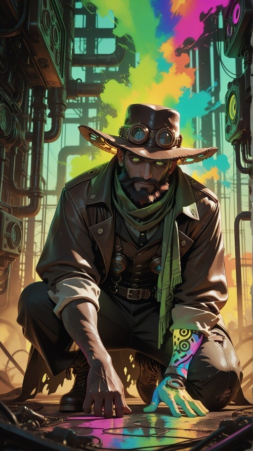 Bearded man in steampunk gear crouching in industrial setting with colorful background.