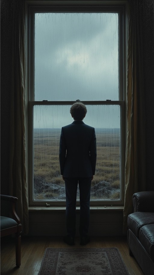 A man in a dark suit stands with his back to the camera, looking out a large window at a rainy field under an overcast sky.