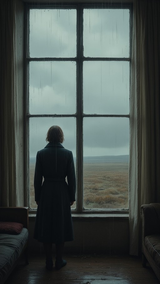 A person with short brown hair stands indoors facing away from the camera, looking out a large window at a rainy, overcast landscape outside.