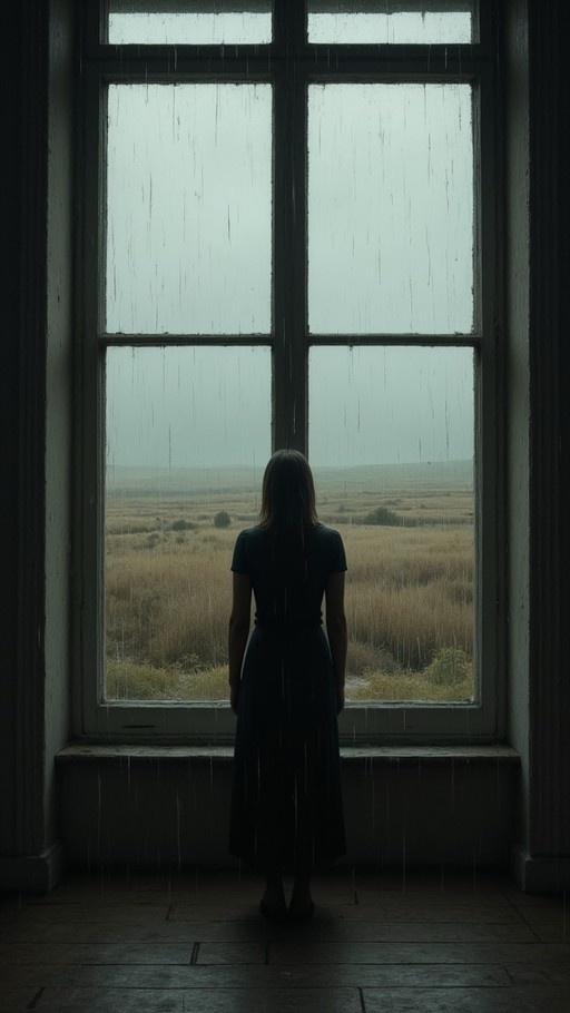 A woman in a black dress stands with her back to the viewer, looking out a large window at heavy rain falling over a grassy field.