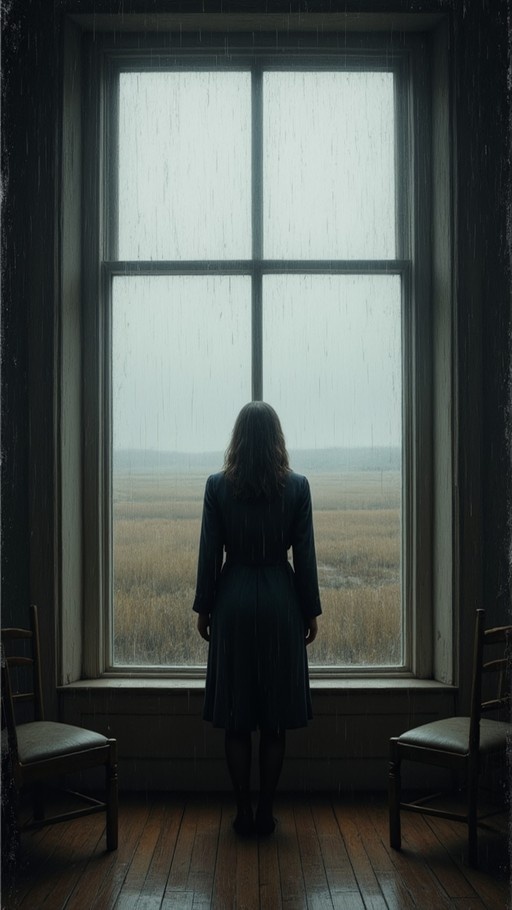 A woman in a dark dress and black tights stands facing away from the camera, looking out a large window at heavy rain falling on a field.