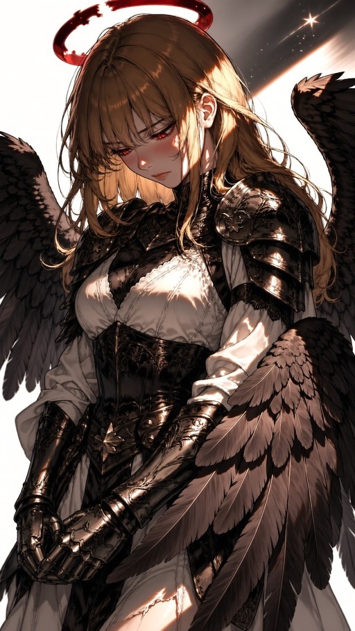 A blonde anime-style woman with red eyes wearing black armor over a white dress, featuring large black wings and a broken red halo above her head.
