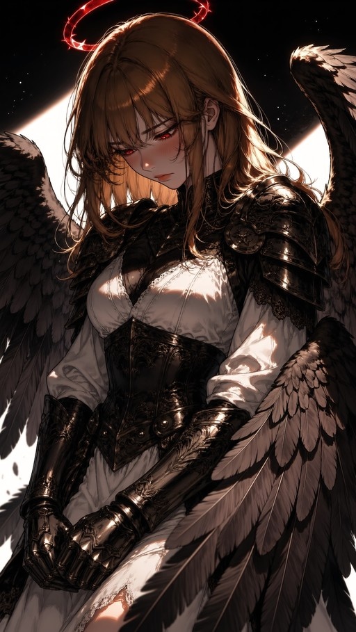 A somber female anime character with long brown hair and red eyes looks downward. She has large black feathered wings and a glowing red halo above her head, wearing a white dress beneath ornate black armor.