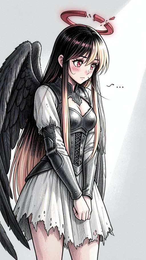 A blushing anime girl with long black and blonde hair, red eyes, large black wings, and a broken red halo above her head, wearing a tattered white dress and dark armor.