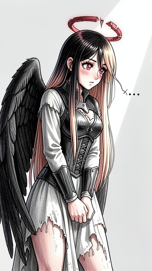 A blushing anime girl with long black and blonde hair, red eyes, and large black wings stands with a broken red halo above her head while wearing a torn white dress and armor gauntlets.