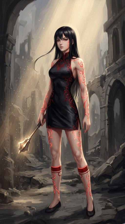 A full-body digital painting of a woman with long black hair and glowing red tattoos on her skin, wearing a short black dress and holding a golden mace in ancient stone ruins.