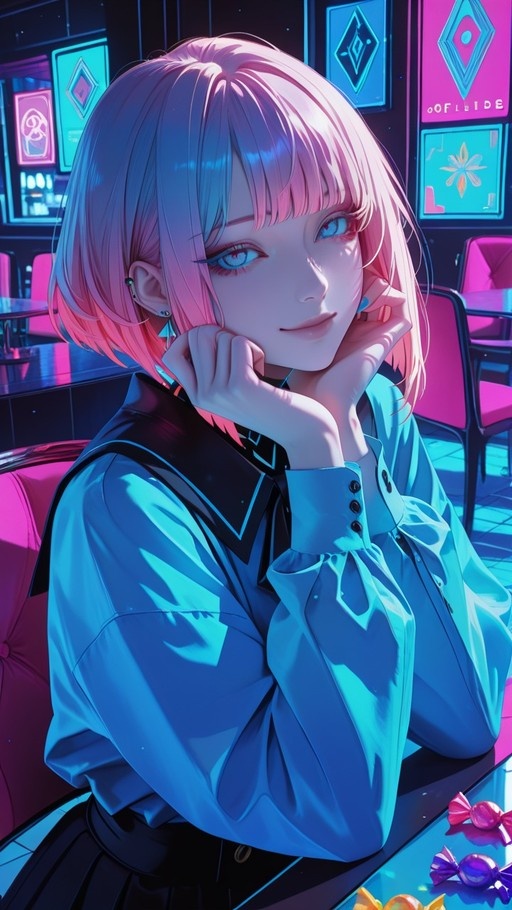 A pink-haired anime girl with blue eyes smiles while resting her chin on her hands at a table with colorful candies in a neon-lit cafe.