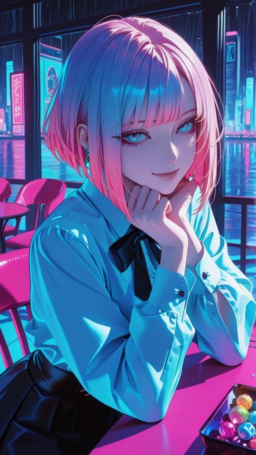 An anime girl with short pink and blue gradient hair sits at a table in a cafe, resting her chin on her hands. She wears a light blue shirt and black bow tie. A tray of colorful candies is on the table, and neon city lights are visible through the window behind.