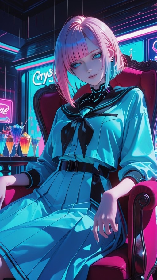 An anime girl with short pink and blue hair wearing a blue sailor dress sits in a red chair in a neon-lit room.