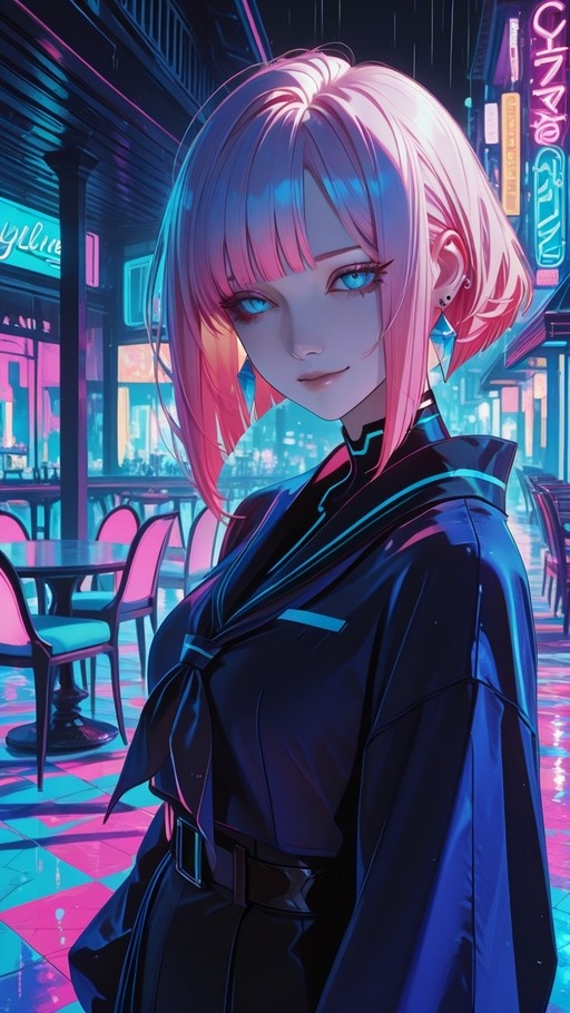 An anime-style illustration of a young woman with short pink hair and blue eyes wearing a black sailor outfit in a neon-lit cyberpunk street at night.