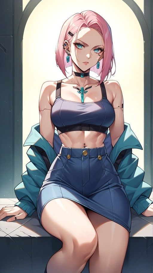 Android 18 with short pink hair and blue eyes sits wearing a blue crop top, denim skirt, and teal jacket, showing mechanical arm joints.