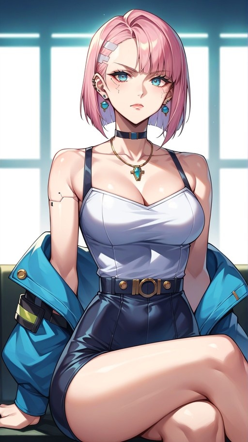 Pink-haired android girl with blue eyes and mechanical arms sitting in a white top and blue jacket.