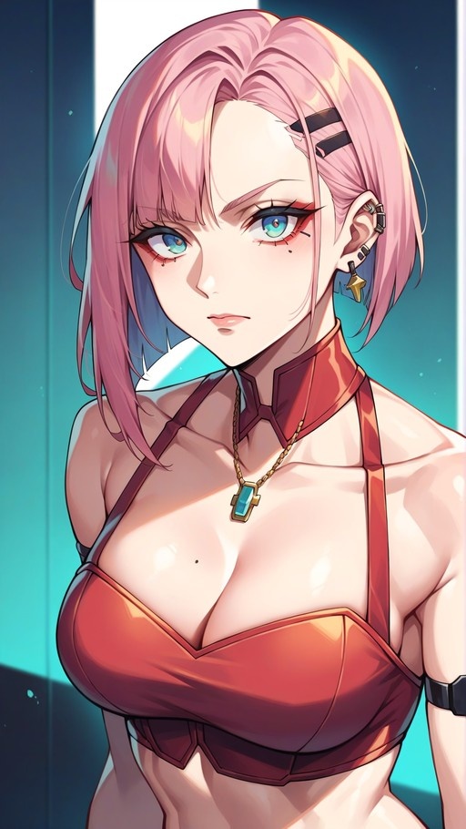 Digital illustration of a young woman with short pink hair and blue eyes, wearing a red halter top and gold necklace with a teal pendant. She has multiple ear piercings and a mole under her left eye, set against a blue background.