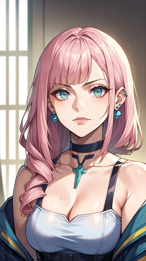 A close-up digital painting of an anime girl with long pink hair and blue eyes, wearing a black choker with a teal cross pendant and large blue earrings, looking seriously at the viewer.