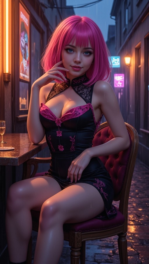 A young woman with short pink hair sits at an outdoor table in the rain wearing a black cheongsam-style dress with pink details.