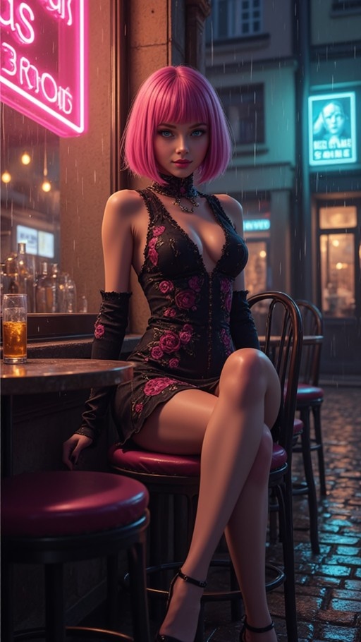 A woman with short pink hair and blue eyes sits on a stool at an outdoor table in the rain, wearing a black dress with pink flowers under neon lights.